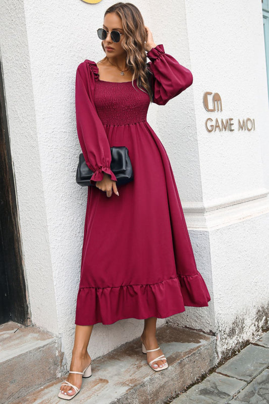 Smocked Ruffle Hem Flounce Sleeve Dress - AllIn Computer