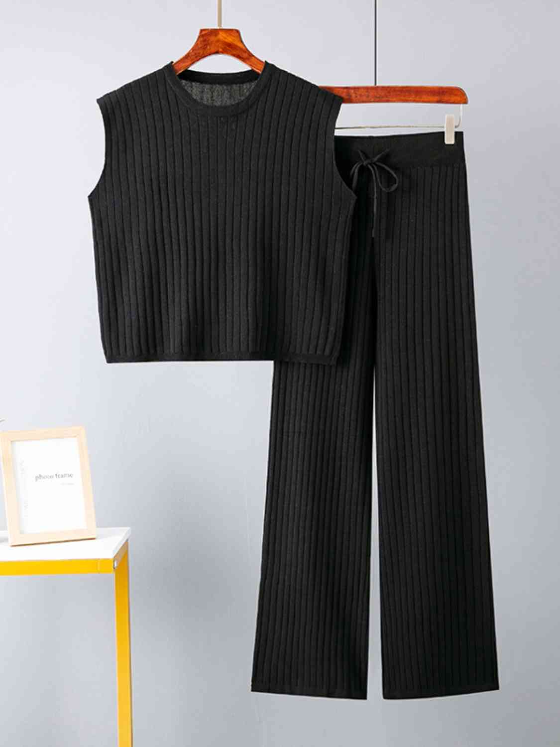 Ribbed Sweater Vest and Drawstring Knit Pants Set - AllIn Computer