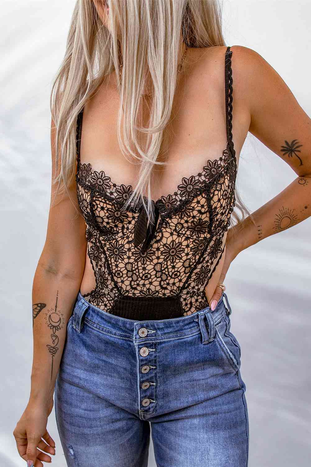 Lace Adjustable Spaghetti Strap Tied Bodysuit - AllIn Computer