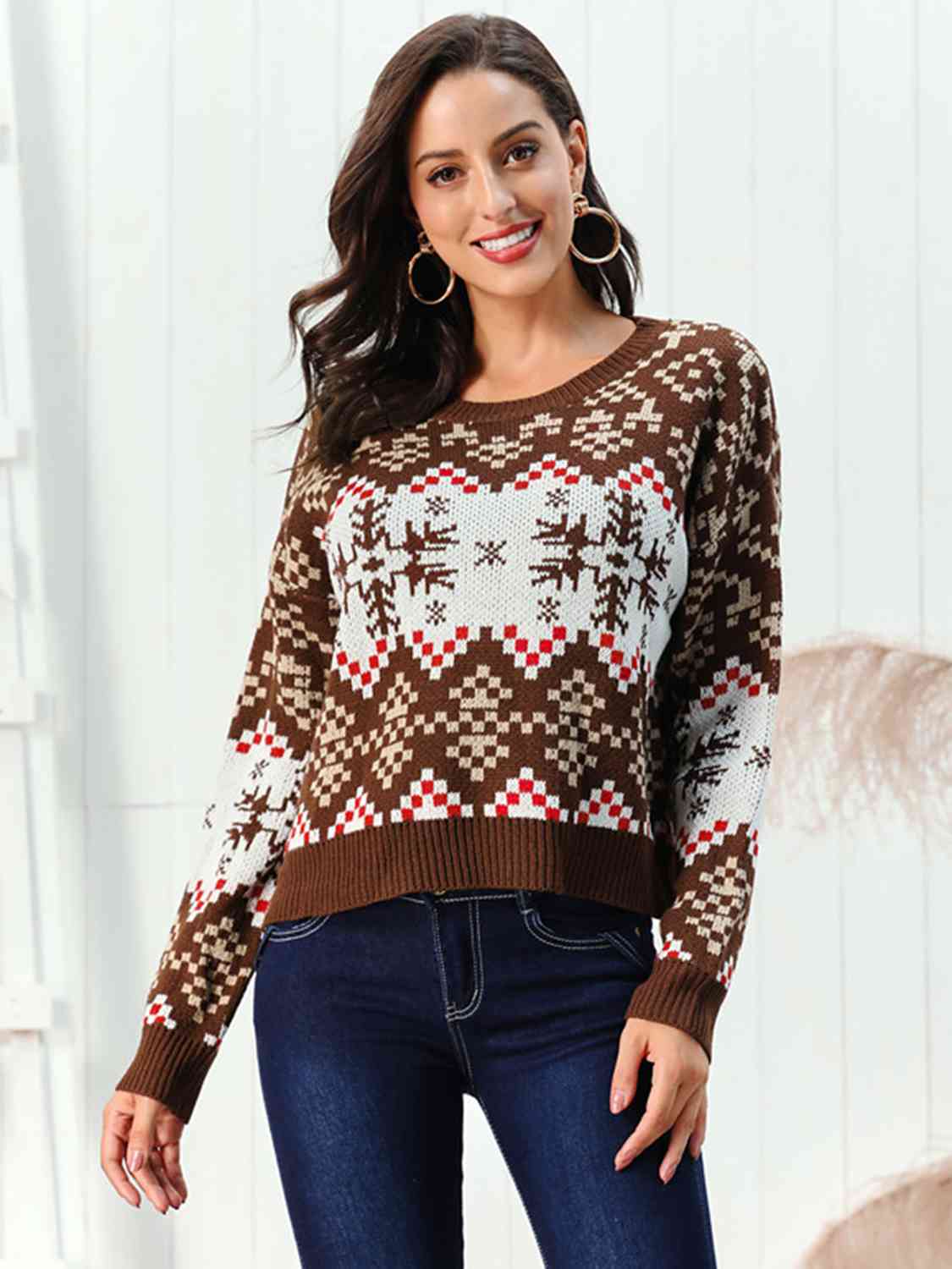 Snowflake Pattern Round Neck Sweater - AllIn Computer