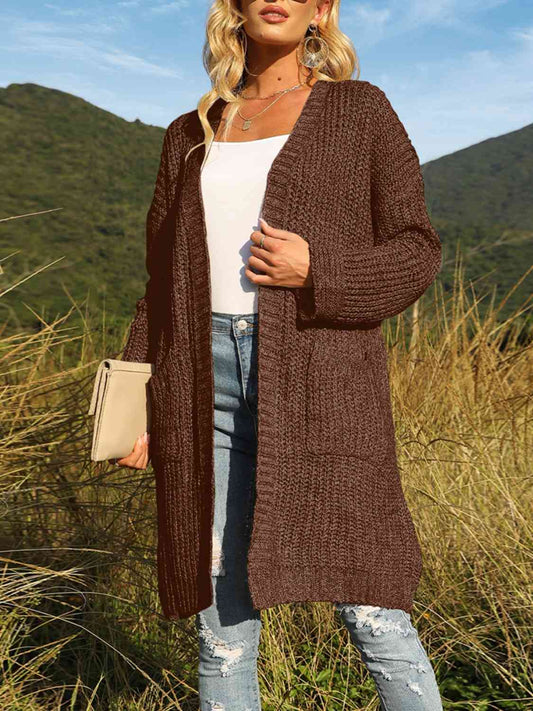 Open Front Long Sleeve Cardigan with Pockets - AllIn Computer
