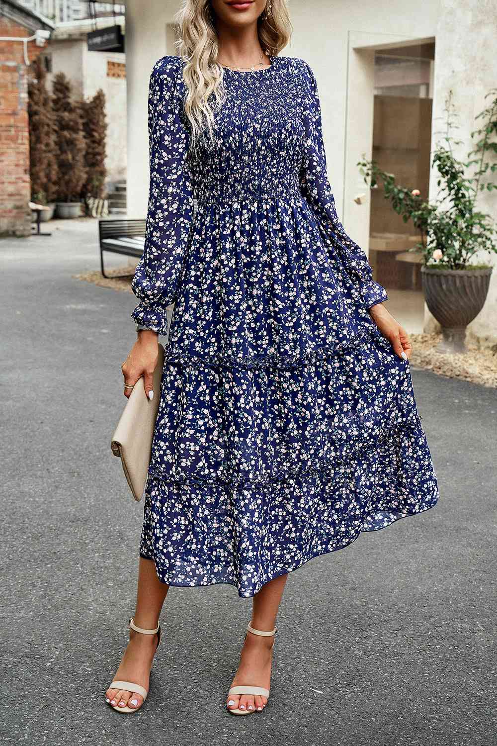Smocked Flounce Sleeve Midi Dress - AllIn Computer