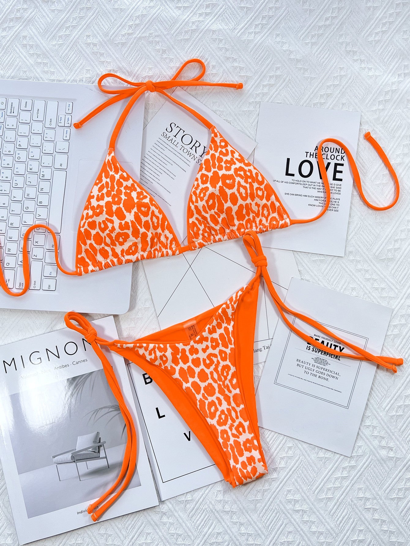 Leopard Print Halter Neck Tie Side Bikini Set - AllIn Computer