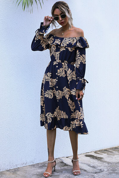 Ruffled Printed Off-Shoulder Midi Dress - AllIn Computer