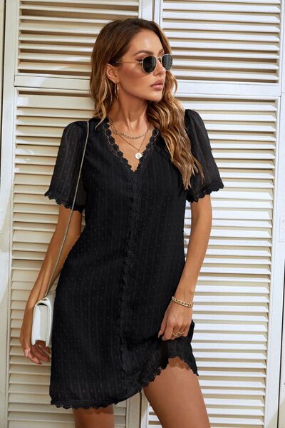 Lace Detail V-Neck Short Sleeve Dress - AllIn Computer