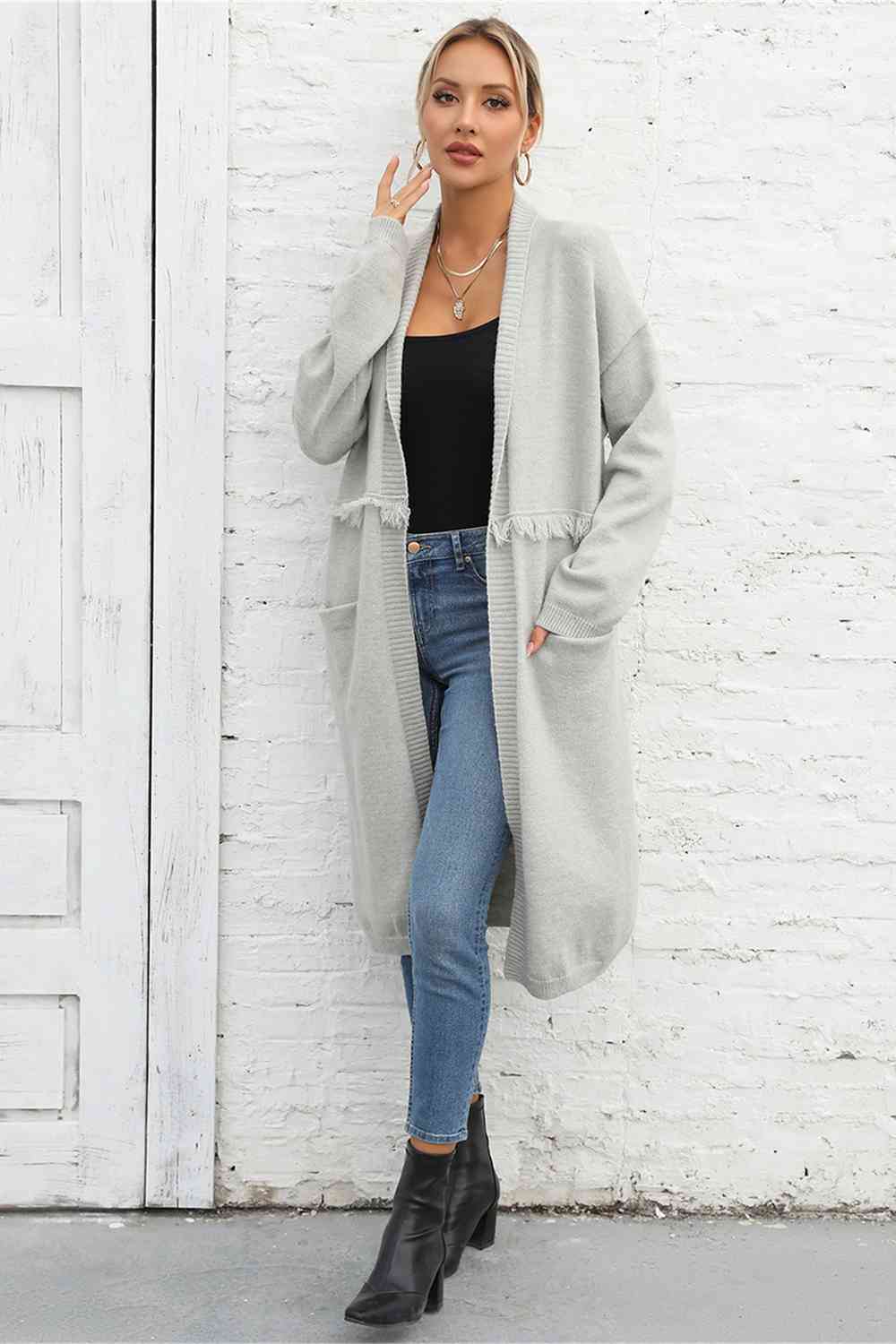 Open Front Pocketed Cardigan - AllIn Computer