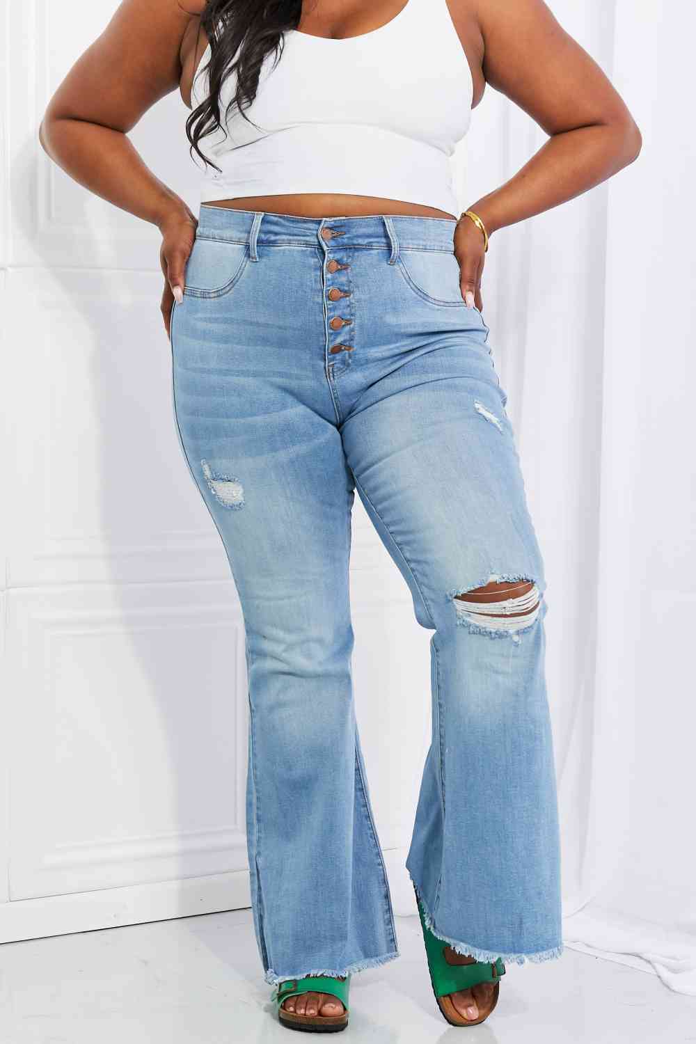 Vibrant MIU Full Size Jess Button Flare Jeans - AllIn Computer