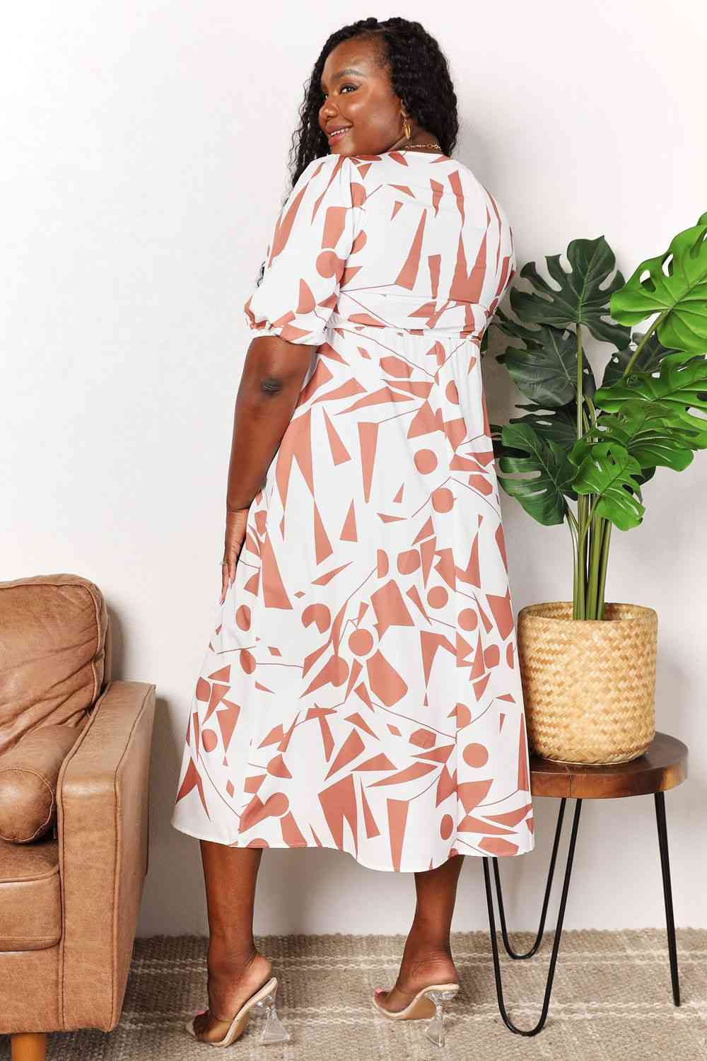 Double Take Printed Surplice Balloon Sleeve Dress - AllIn Computer