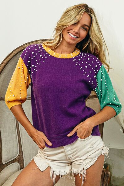 BiBi Color Block Pearl Detail Round Neck Sweater - AllIn Computer