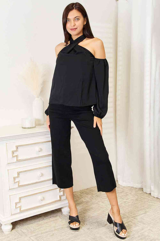 Double Take Grecian Cold Shoulder Long Sleeve Blouse - AllIn Computer