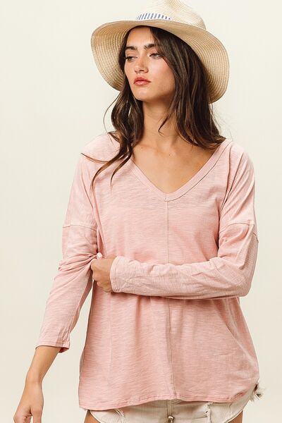 BiBi Exposed Seam V-Neck Long Sleeve T-Shirt - AllIn Computer
