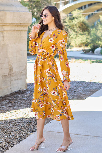 Double Take Full Size Floral Tie Back Flounce Sleeve Dress - AllIn Computer