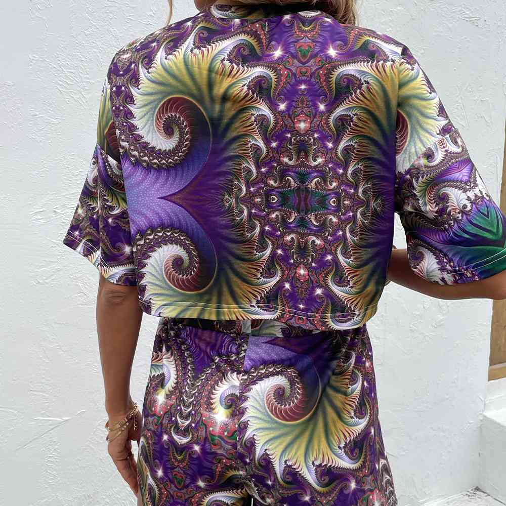 Printed Round Neck Dropped Shoulder Half Sleeve Top and Shorts Set - AllIn Computer