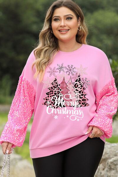 Plus Size MERRY CHRISTMAS Sequin Long Sleeve Sweatshirt - AllIn Computer
