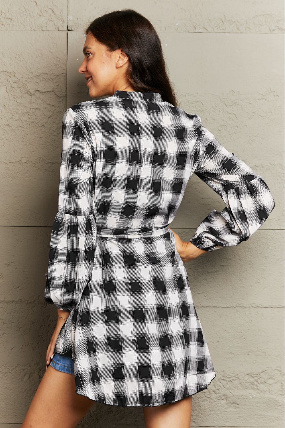 Plaid Tie Waist Lantern Sleeve Mini Dress - AllIn Computer