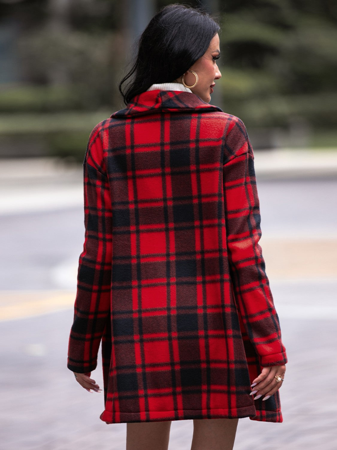Plaid Shawl Collar Coat with Pockets - AllIn Computer