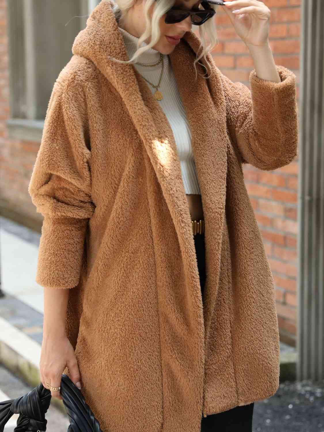 Open Front Hooded Teddy Coat - AllIn Computer