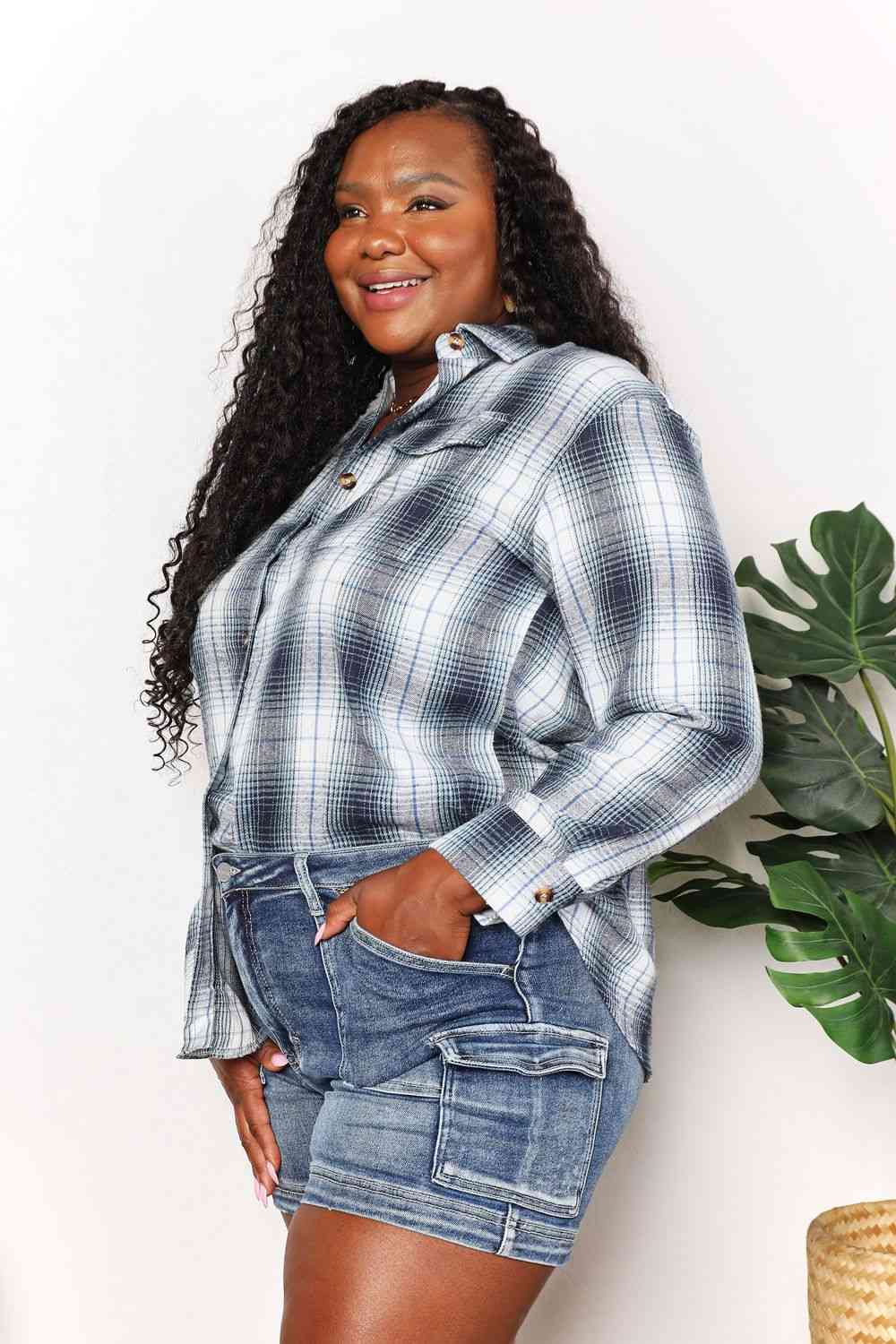 Double Take Plaid Dropped Shoulder Shirt - AllIn Computer