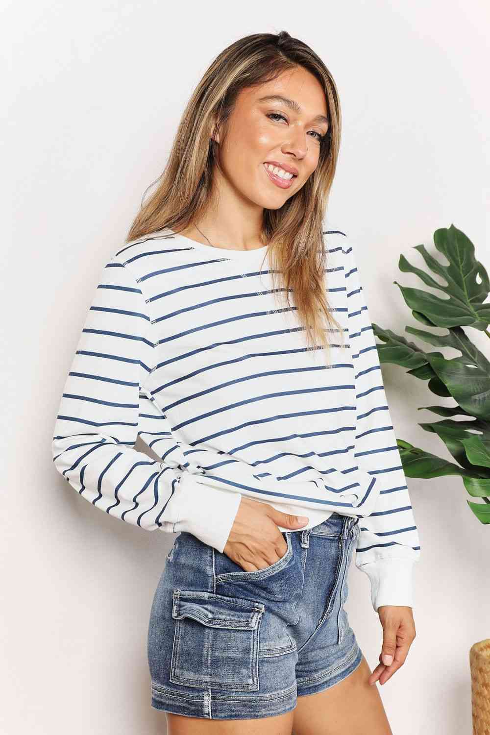 Double Take Striped Long Sleeve Round Neck Top - AllIn Computer