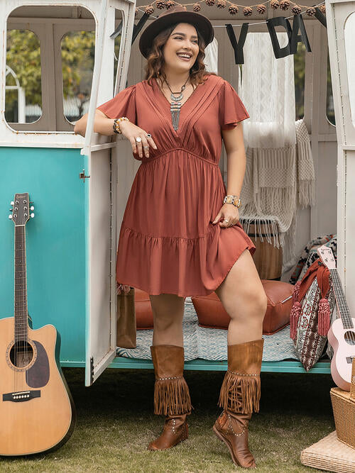 Double Take Plus Size Ruffle Hem V-Neck Short Sleeve Dress - AllIn Computer