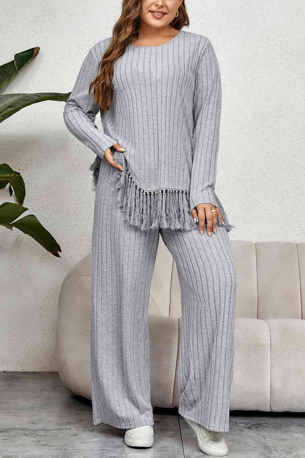 Plus Size Tassel Hem Top and Pants Set - AllIn Computer