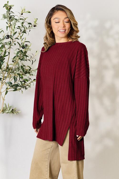 Basic Bae Full Size Ribbed Round Neck Long Sleeve Slit Top - AllIn Computer