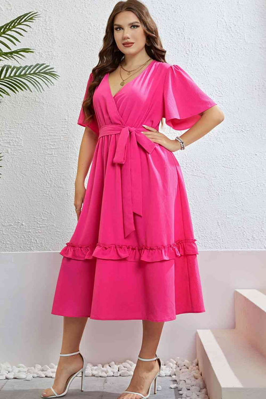 Belted Frill Trim Flutter Sleeve Dress - AllIn Computer