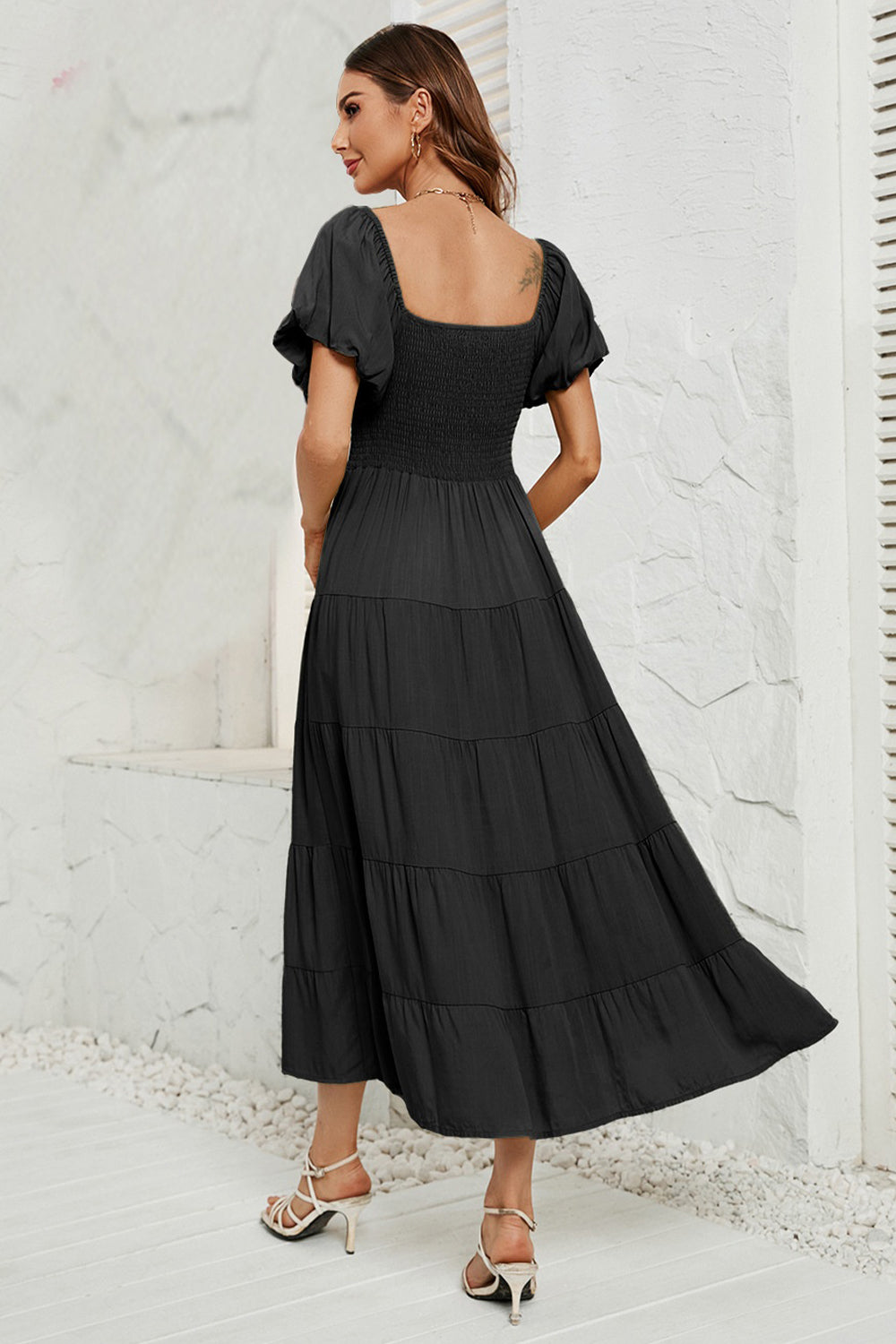 Smocked Square Neck Puff Sleeve Dress - AllIn Computer
