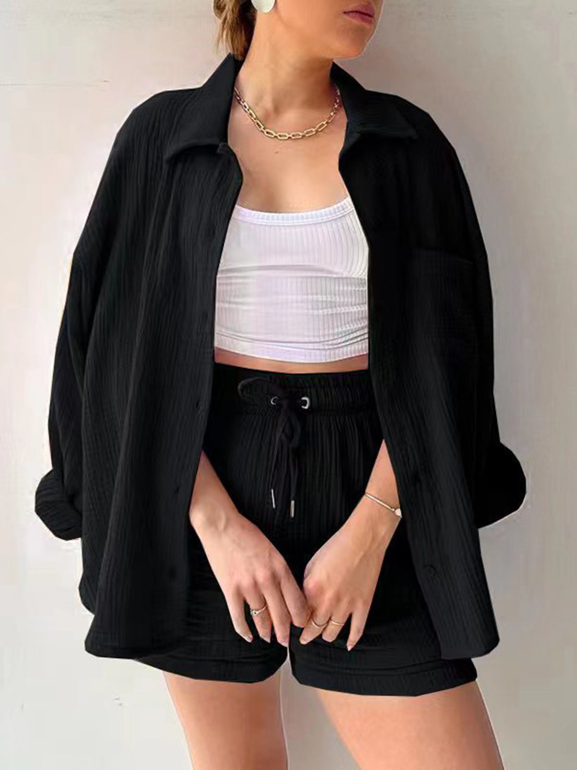 Texture Button Up Shirt and Drawstring Shorts Set - AllIn Computer