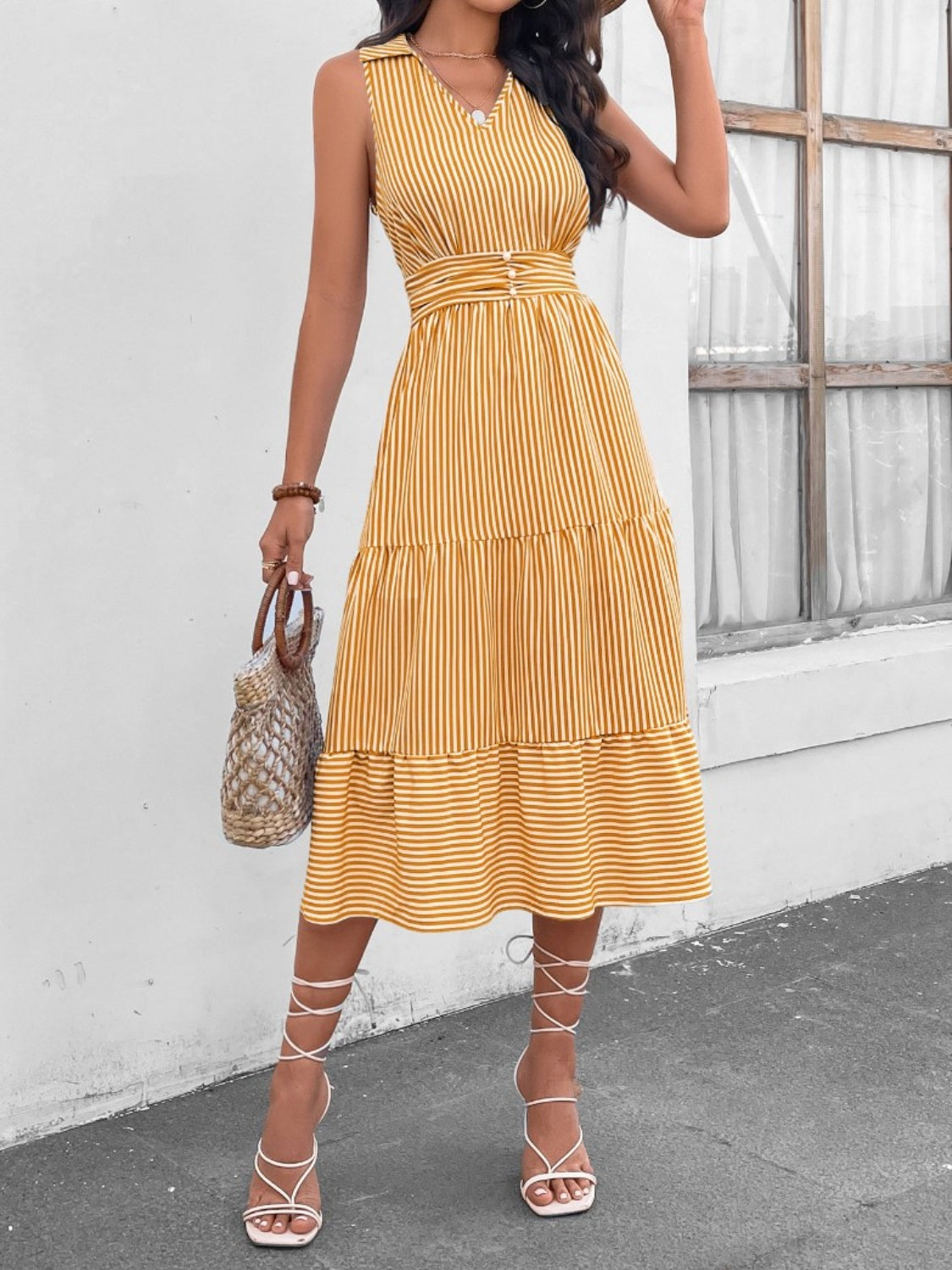Striped Johnny Collar Sleeveless Midi Dress - AllIn Computer