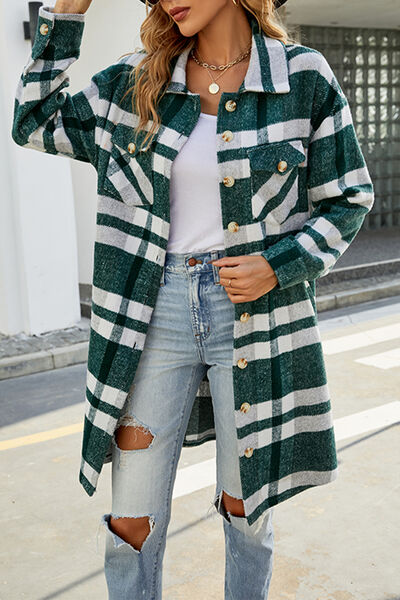 Plaid Button Up Collared Neck Coat with Pockets - AllIn Computer
