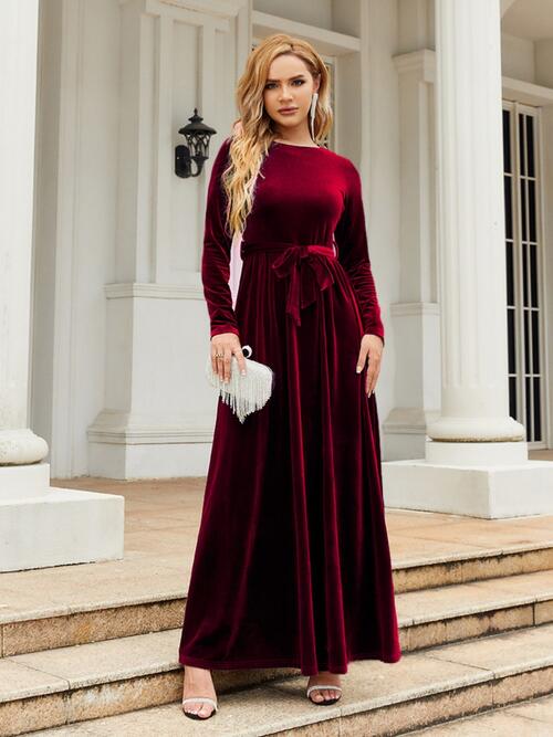 Tie Front Round Neck Long Sleeve Maxi Dress - AllIn Computer