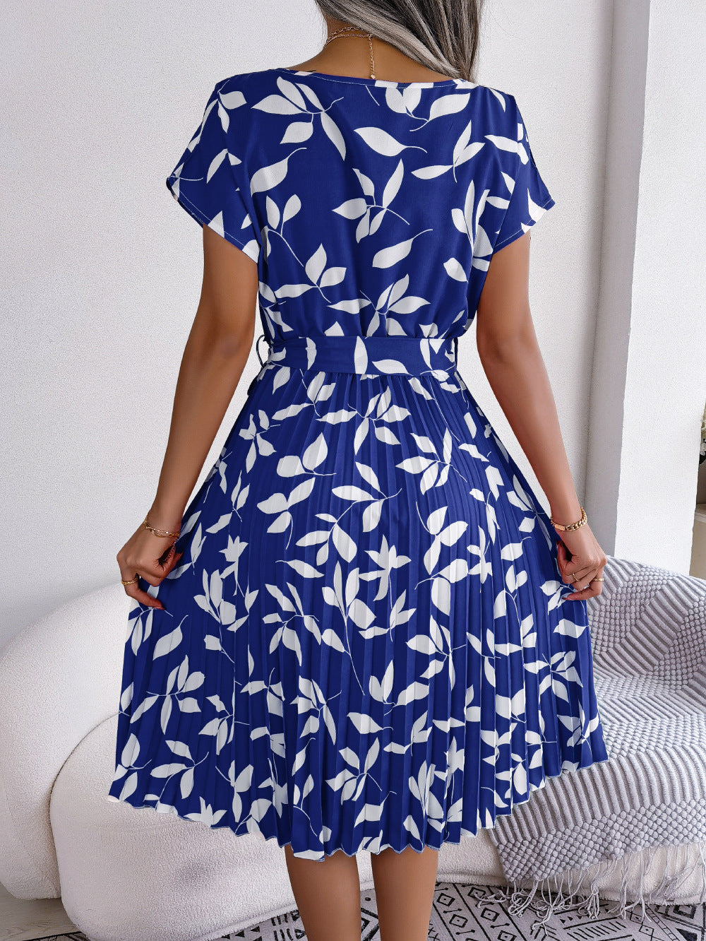 Printed Round Neck Short Sleeve Pleated Dress - AllIn Computer