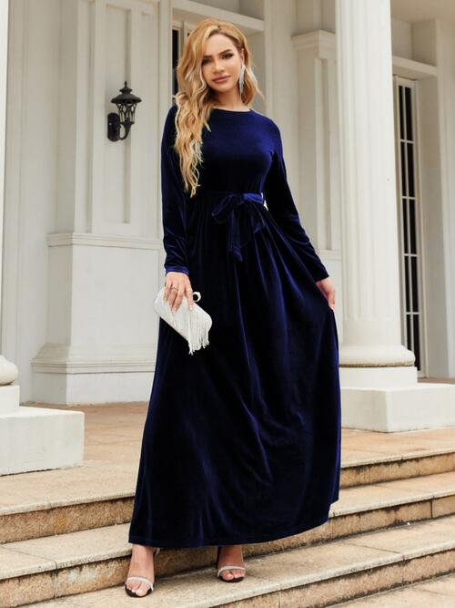 Tie Front Round Neck Long Sleeve Maxi Dress - AllIn Computer