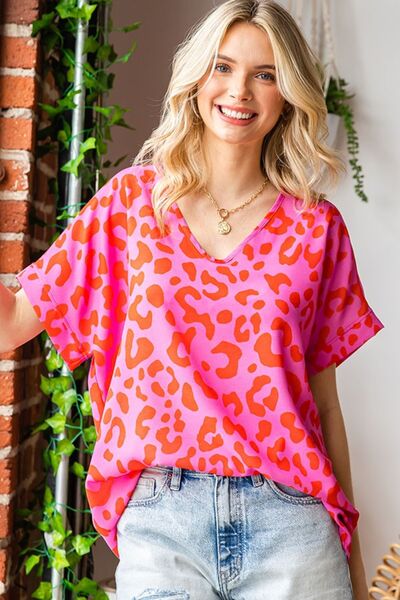 First Love Leopard V-Neck Short Sleeve Woven Top - AllIn Computer