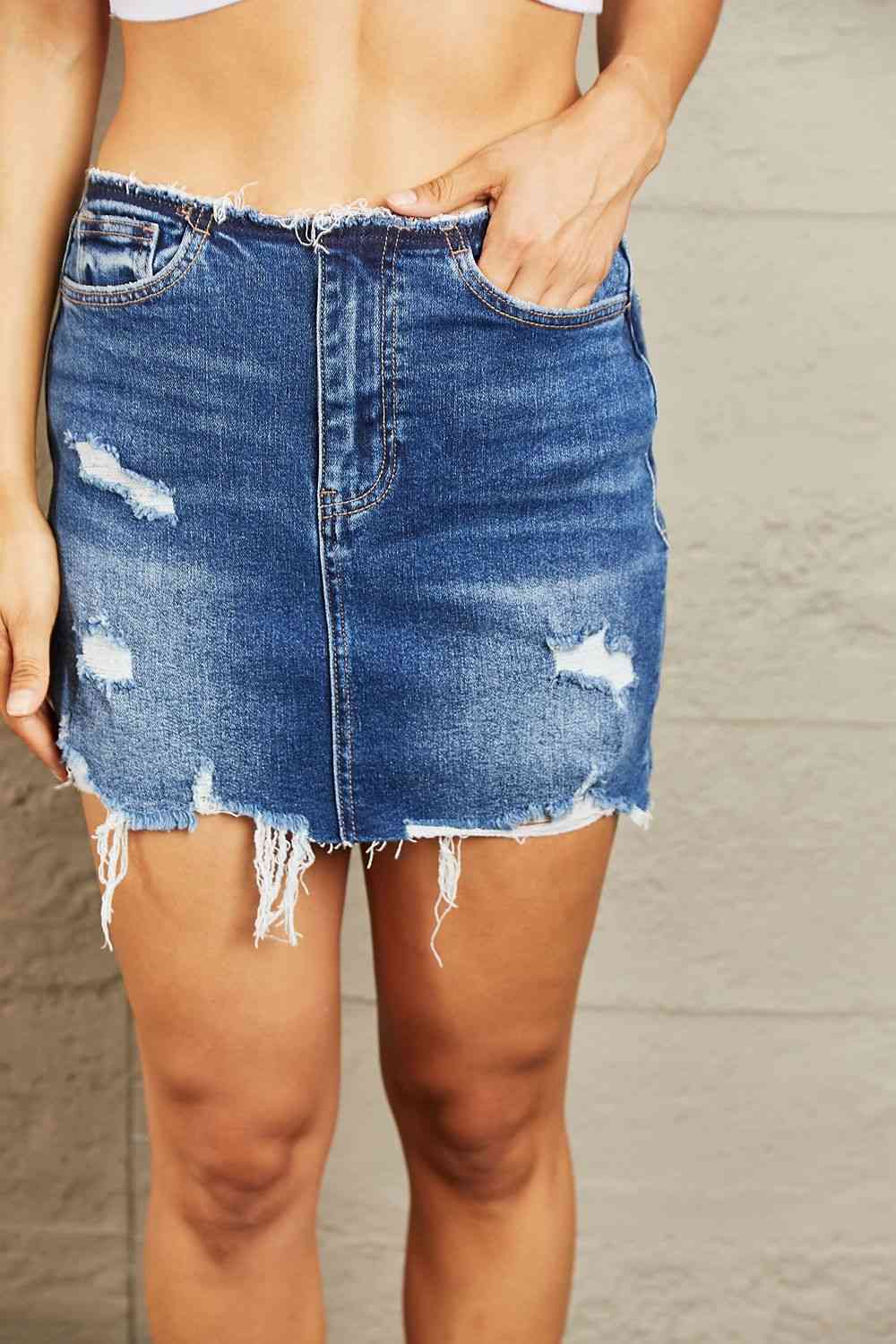 BAYEAS High Waisted Distressed Mini Skirt - AllIn Computer
