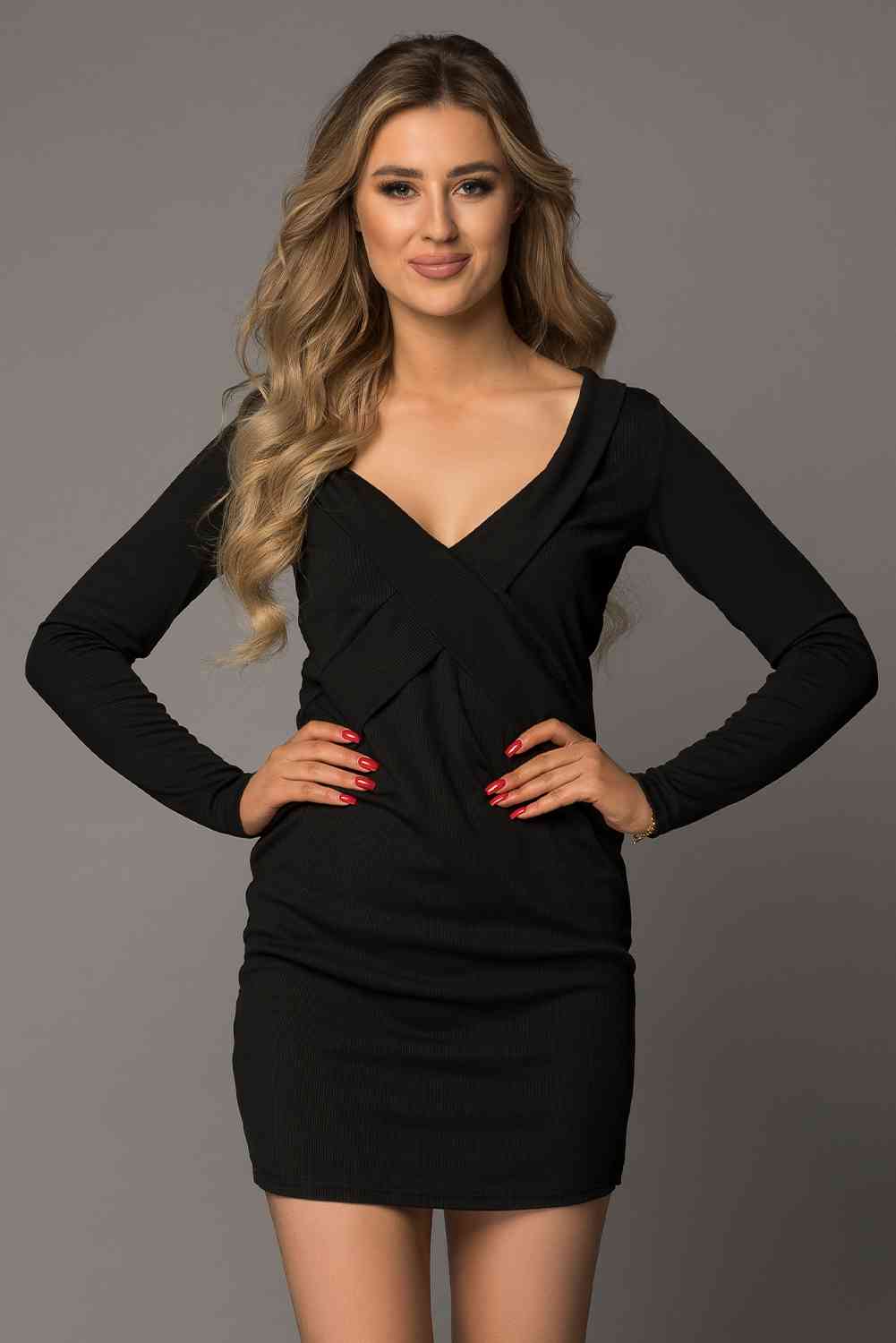 Long Sleeve Plunge Ribbed Bodycon Dress - AllIn Computer
