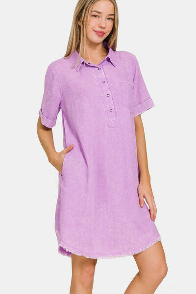 Zenana Washed Linen Raw Hem Dress with Pockets - AllIn Computer