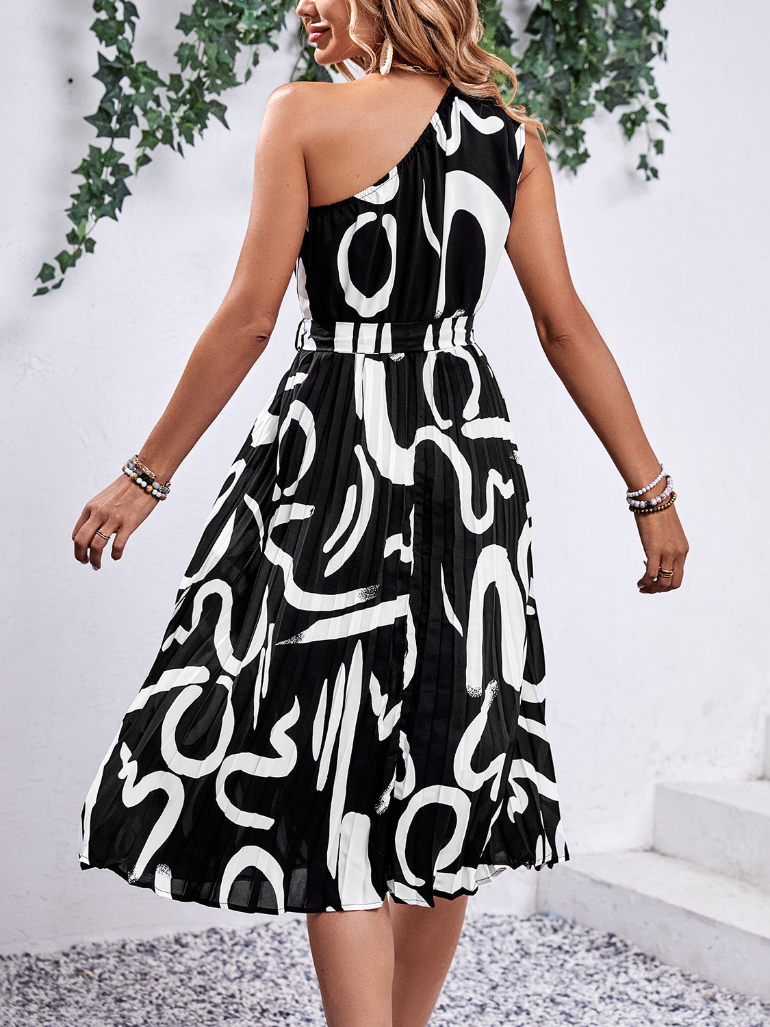 Printed Single Shoulder Tie Waist Dress - AllIn Computer