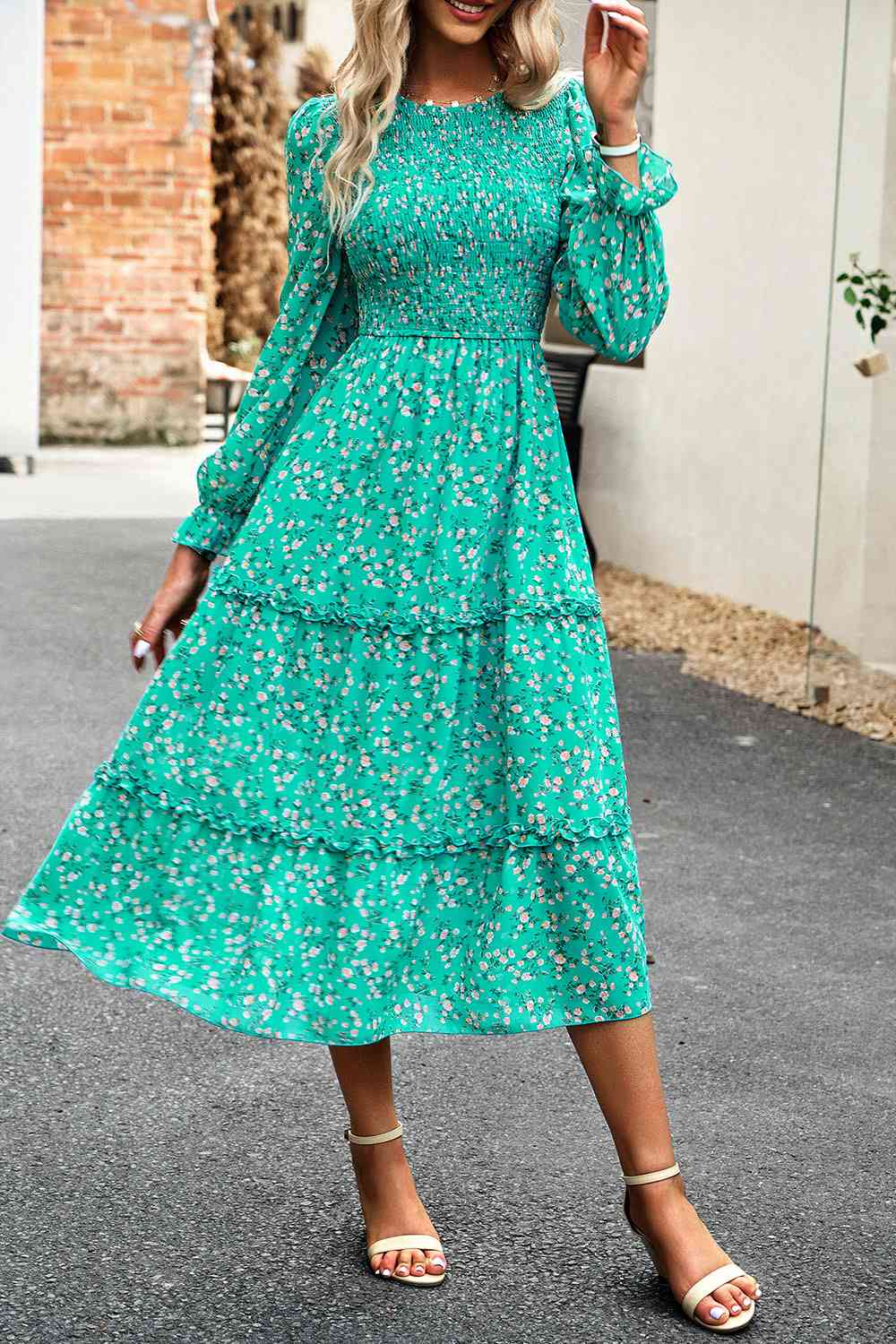 Smocked Flounce Sleeve Midi Dress - AllIn Computer