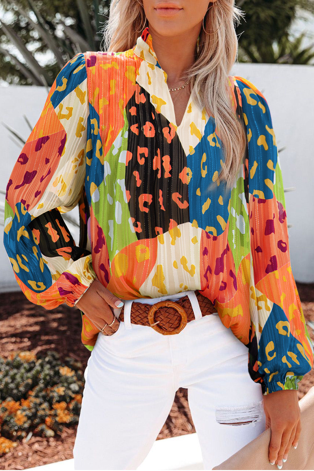 Printed Notched Long Sleeve Blouse - AllIn Computer