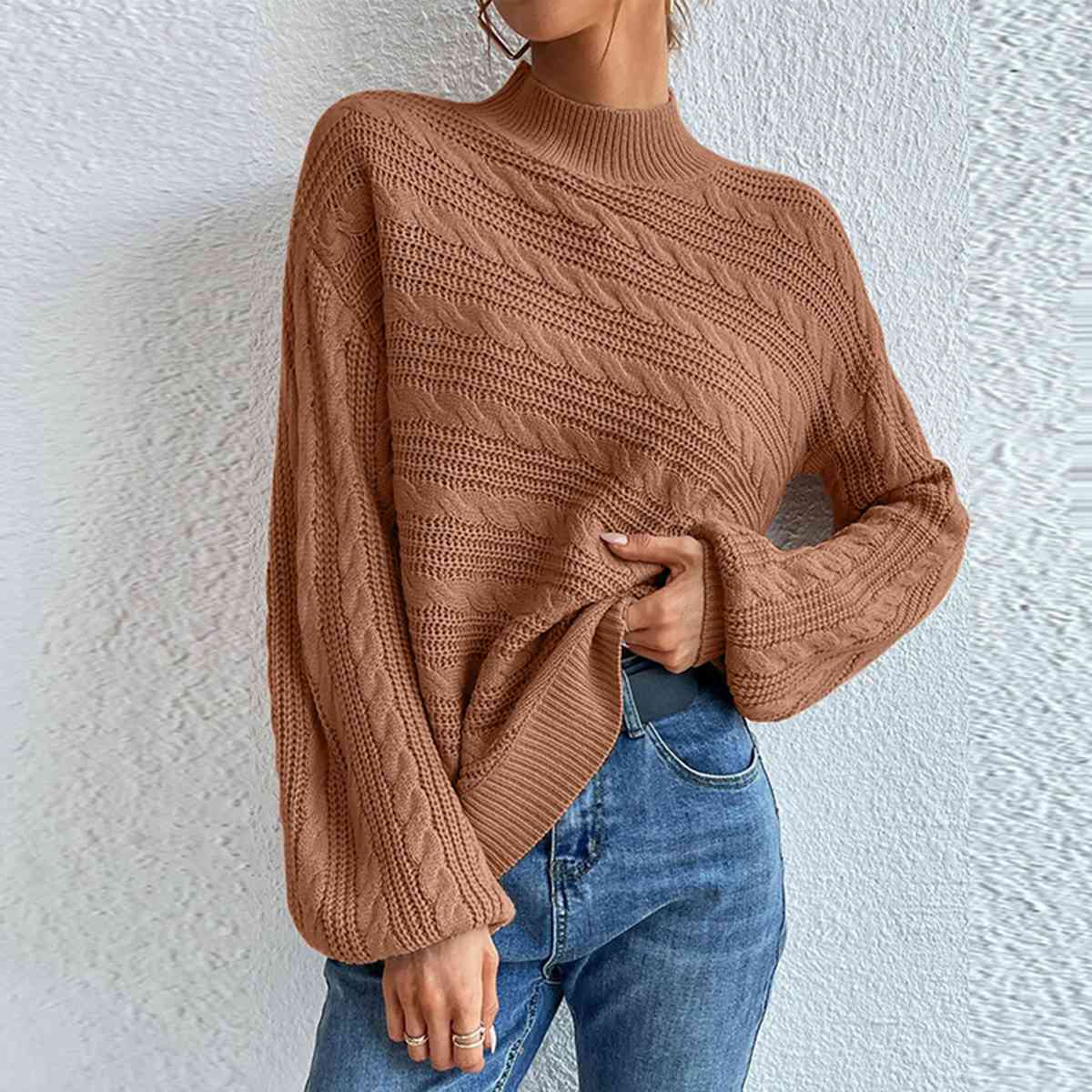 Cable-Knit Mock Neck  Long Sleeve Sweater - AllIn Computer