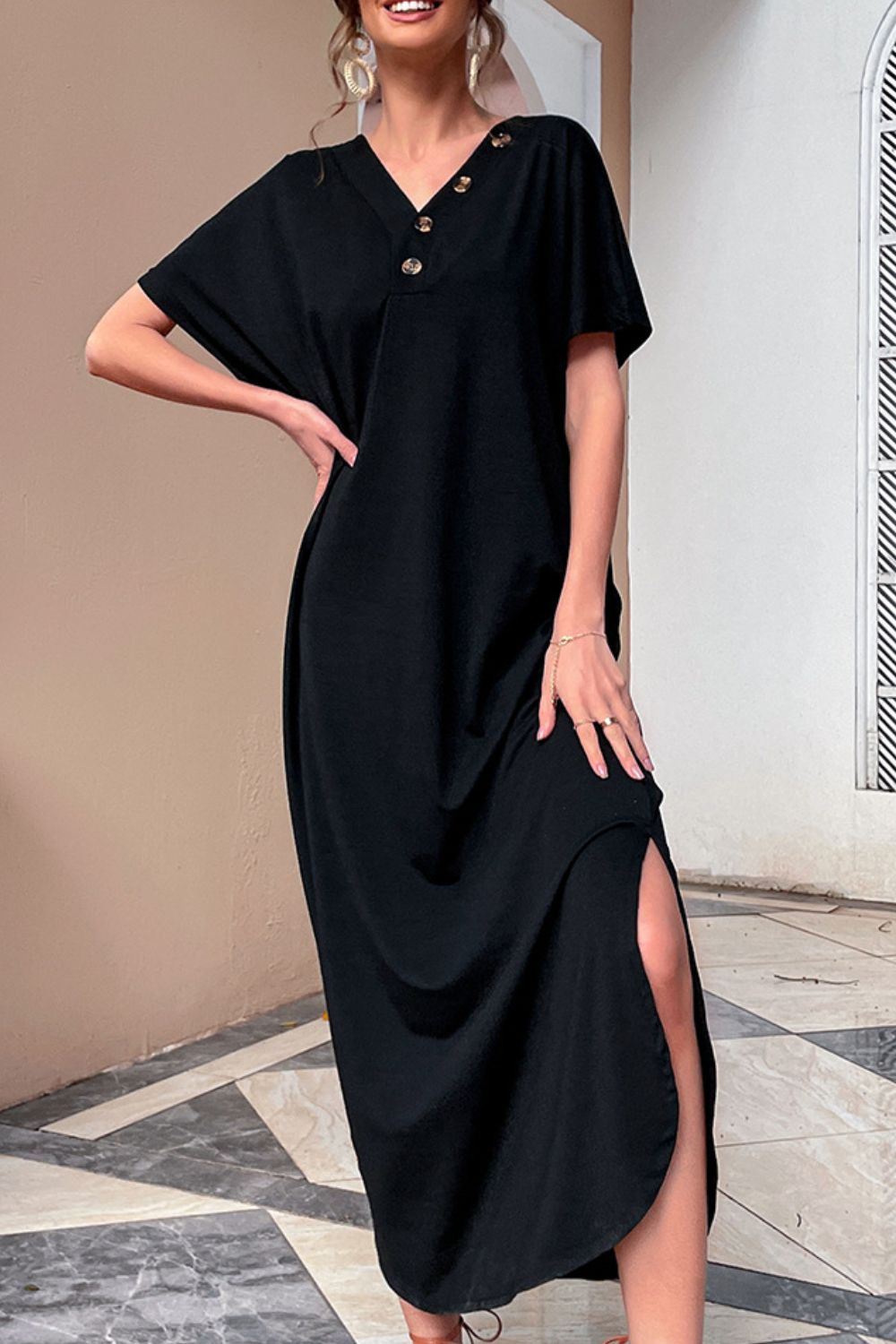 Decorative Button V-Neck Slit Maxi Dress - AllIn Computer