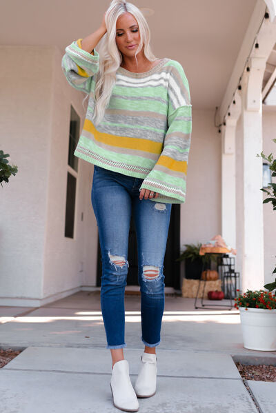 Striped Dropped Shoulder Flare Sleeve Sweater - AllIn Computer