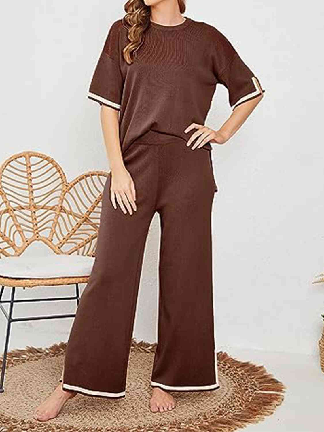 Contrast High-Low Sweater and Knit Pants Set - AllIn Computer