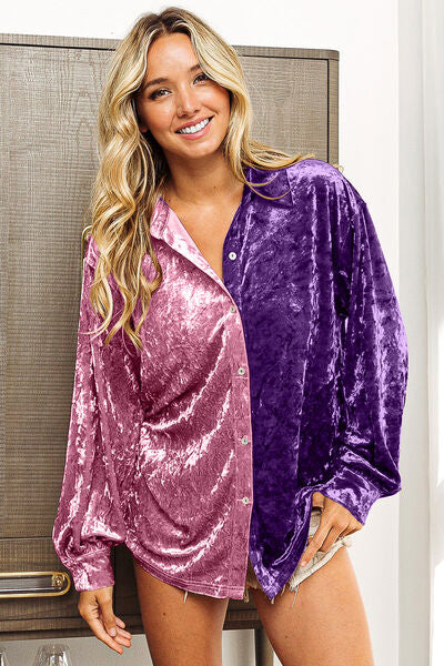 BiBi Contrast Button Up Long Sleeve Shirt - AllIn Computer