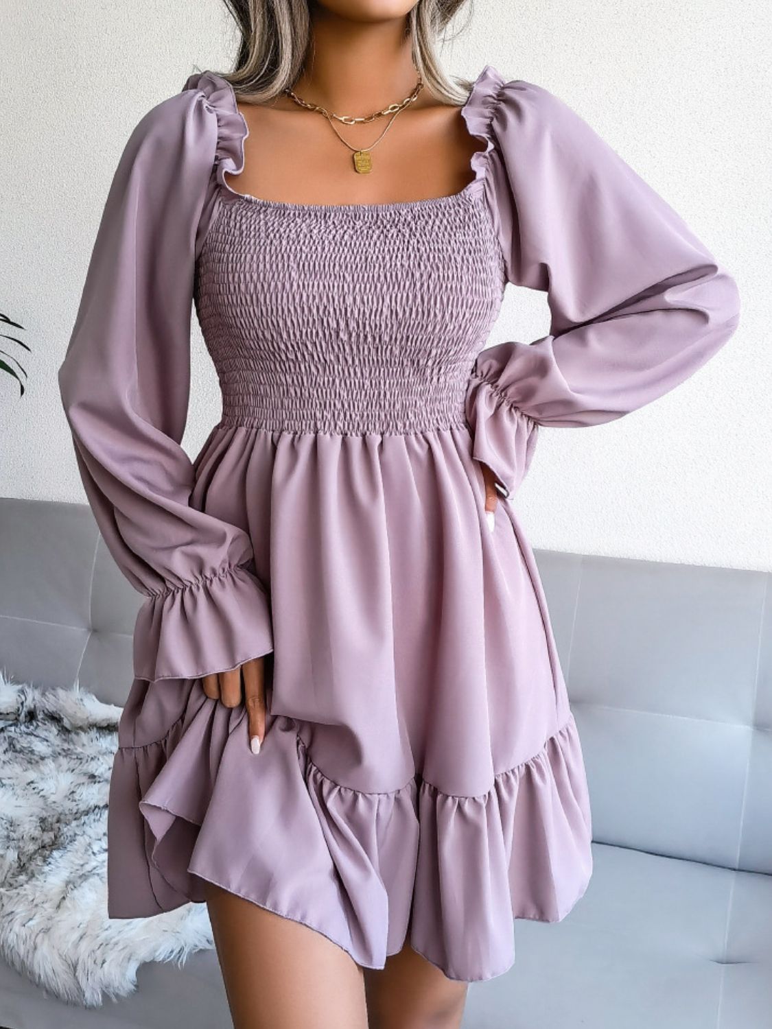 Smocked Flounce Sleeve Square Neck Dress - AllIn Computer