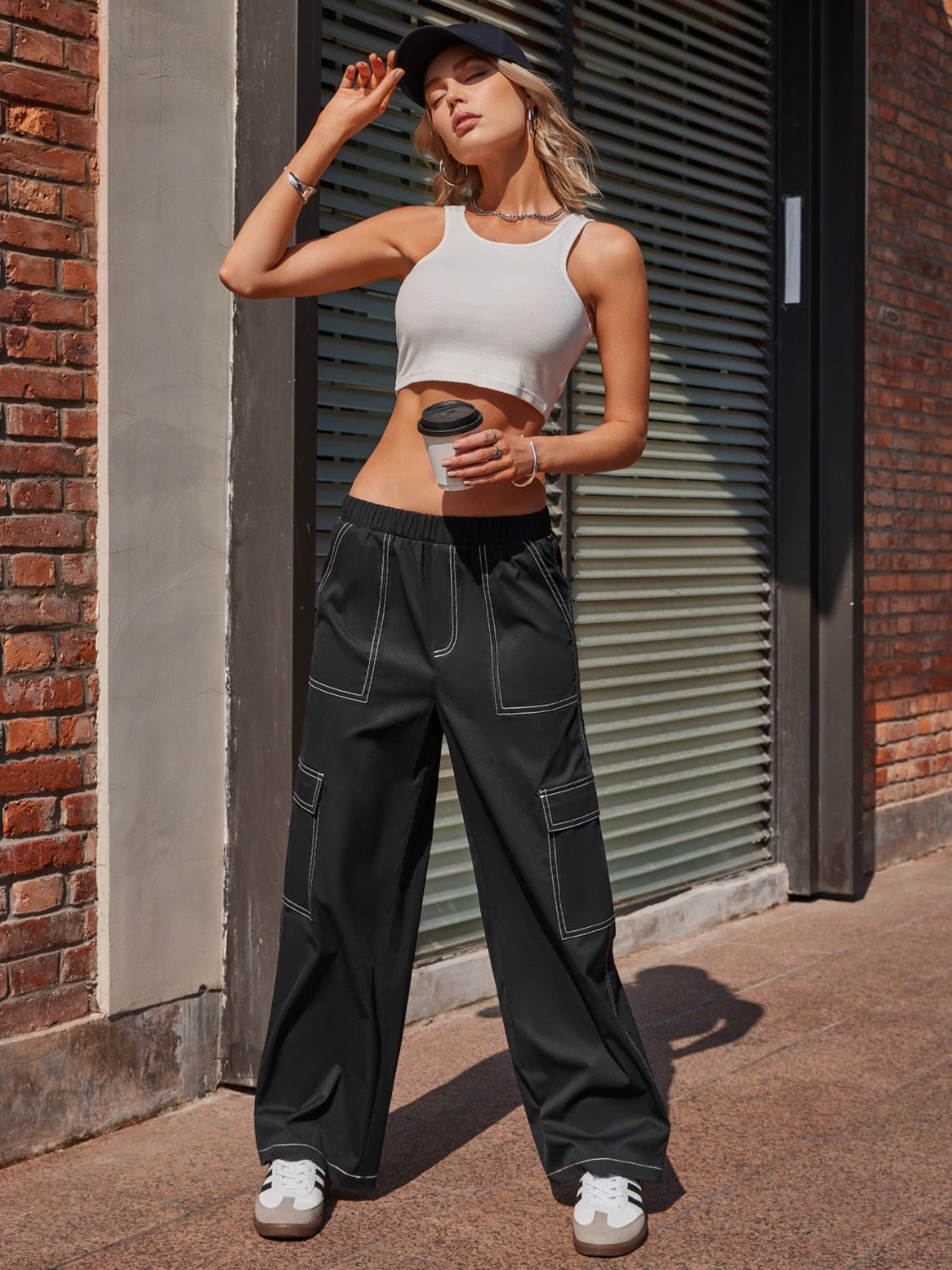Contrast Stitching Pocketed Wide Leg Pants - AllIn Computer