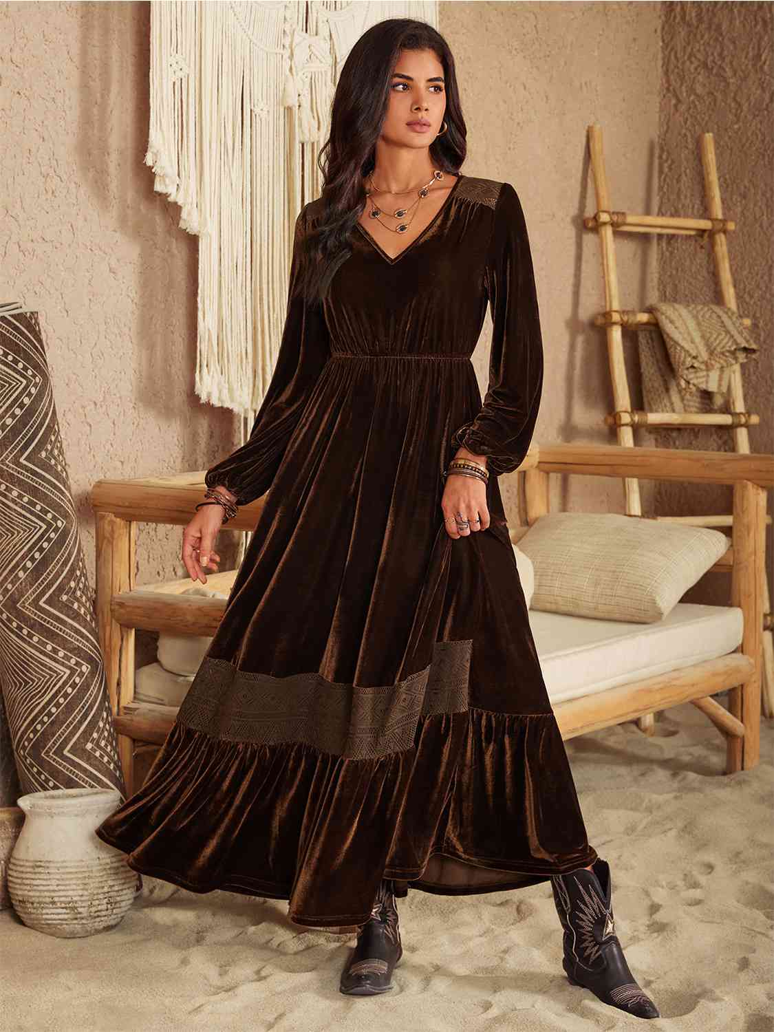 Ruffled V-Neck Long Sleeve Dress - AllIn Computer