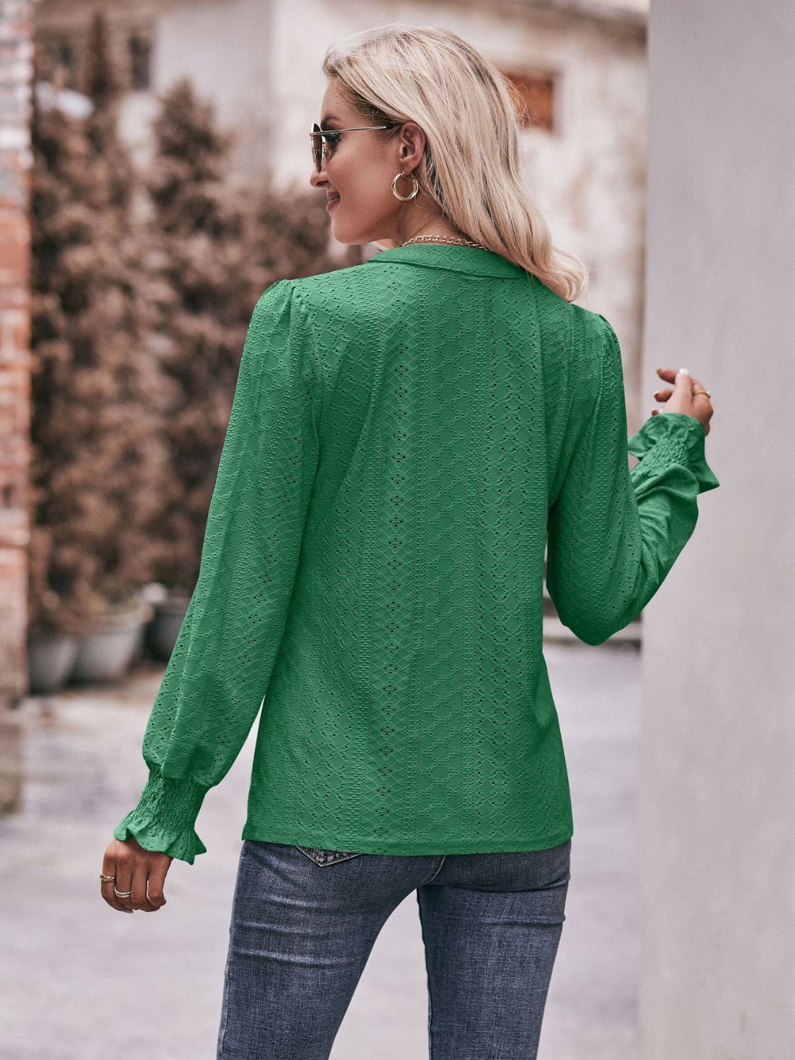 Double Take Eyelet Notched Neck Flounce Sleeve Blouse | CLOTHING,SHOES & ACCESSORIES | Double Take, plus size, Ship From Overseas, top, Tops & Shirts, Women's Apparel, women's clothing, women's fashion | Trendsi